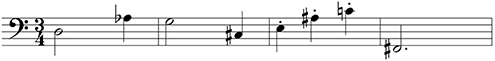 D, A-flat, G, C-sharp, E, A-sharp, C, F-sharp are the first 8 pitch classes of a tone row in the bass clef on a 5-line staff 