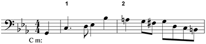 two-measure melody with a pickup in the bass clef