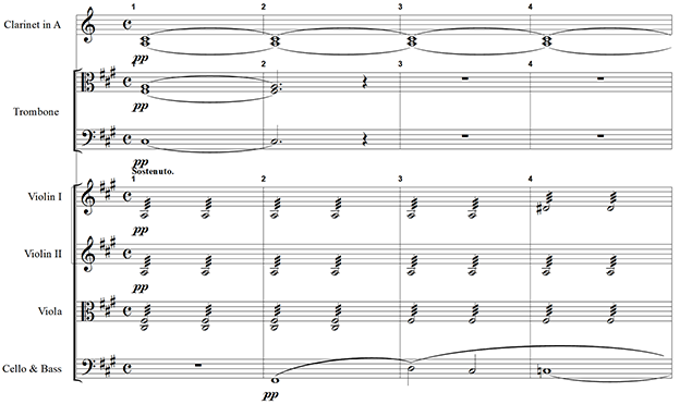 four-measure orchestral score excerpt for clarinet in A, trombone, violin, viola, and cello and bass