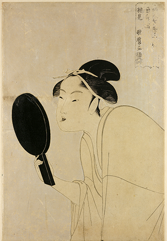 ukiyo-e print of a woman with a mirror