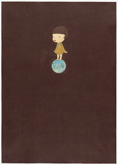 painting of girl balanced on an orb